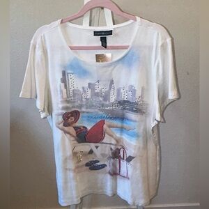 Karen Scott White Blue Graphic T-Shirt